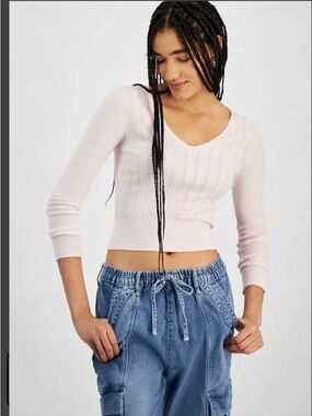 V-Neck Pointelle Sweater - Cropped - Light Pink - NWT - Size L